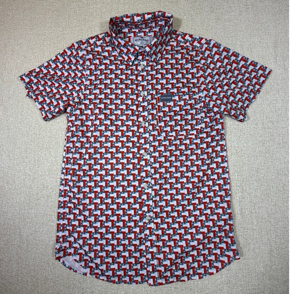 Burlebo Men Small Red White Blue Texas Flag Print Short Sleeve Polo Shirt Casual